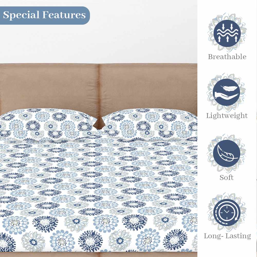 Blue and Grey  144 TC 100% Cotton Floral Print Elastic Fitted Double Bed Bedsheet with 2 Pillow Covers  For Bedroom
