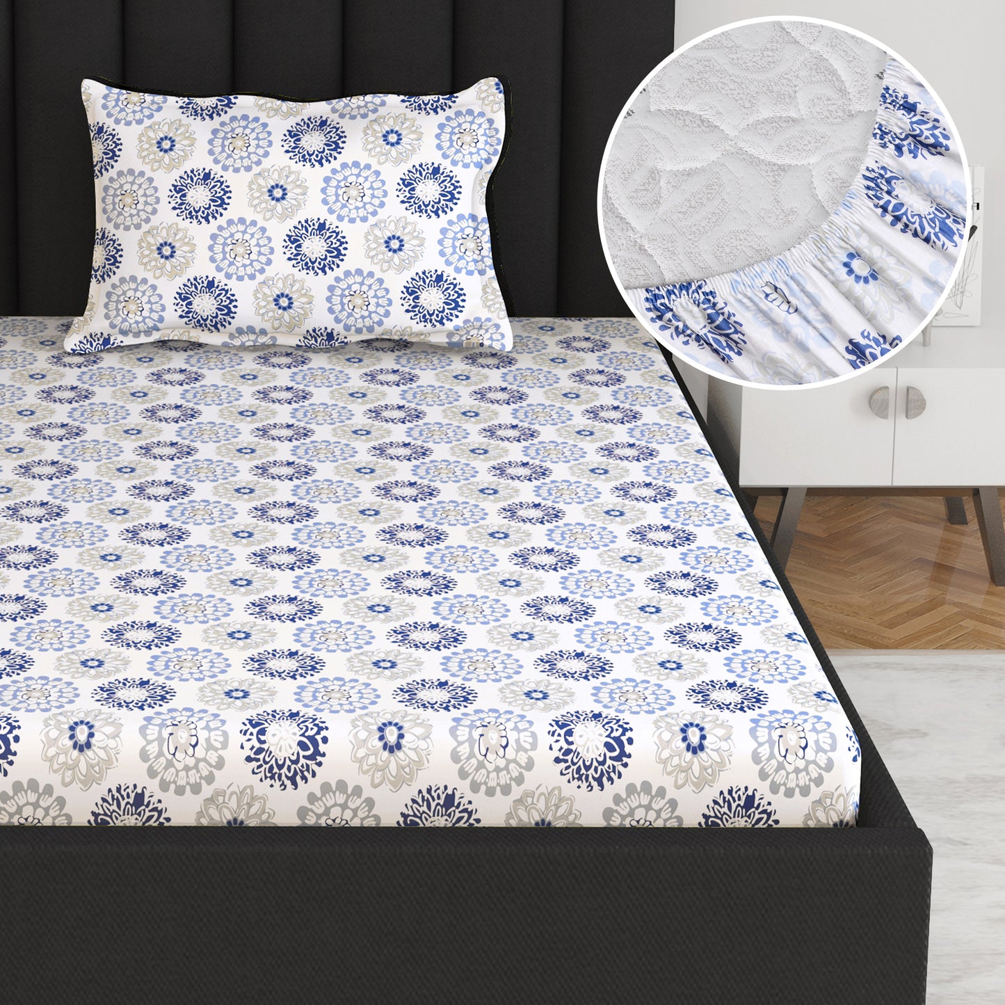 Blue Dahlia Print Elastic Fitted Bedsheet For Single Bed