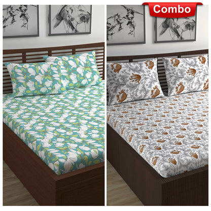 Green and Brown Floral Print Elastic Fitted Combo Bedsheet For Double Bed