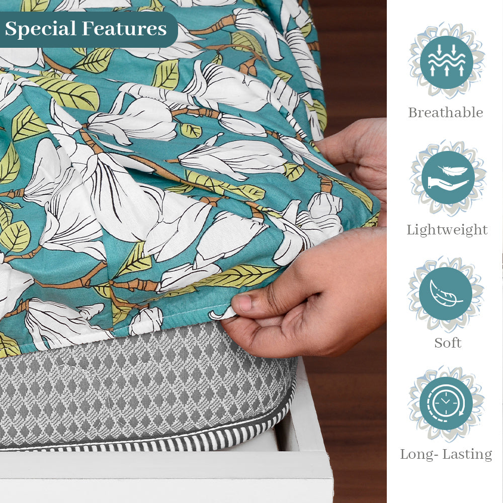 Meadow Green Floral Elastic Fitted Bedsheet for Single Bed