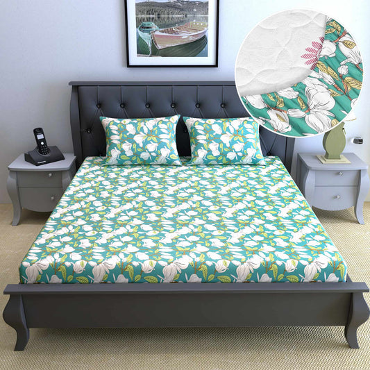 Light Green 144 TC 100% Cotton Floral Print Elastic Fitted Double Bed Bedsheet with 2 Pillow Covers  For Bedroom