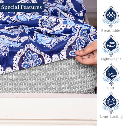 Floral Dazzling Blue Elastic Fitted Bedsheet For King Bed