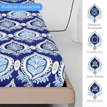 Floral Dazzling Blue Elastic Fitted Bedsheet For Double Bed