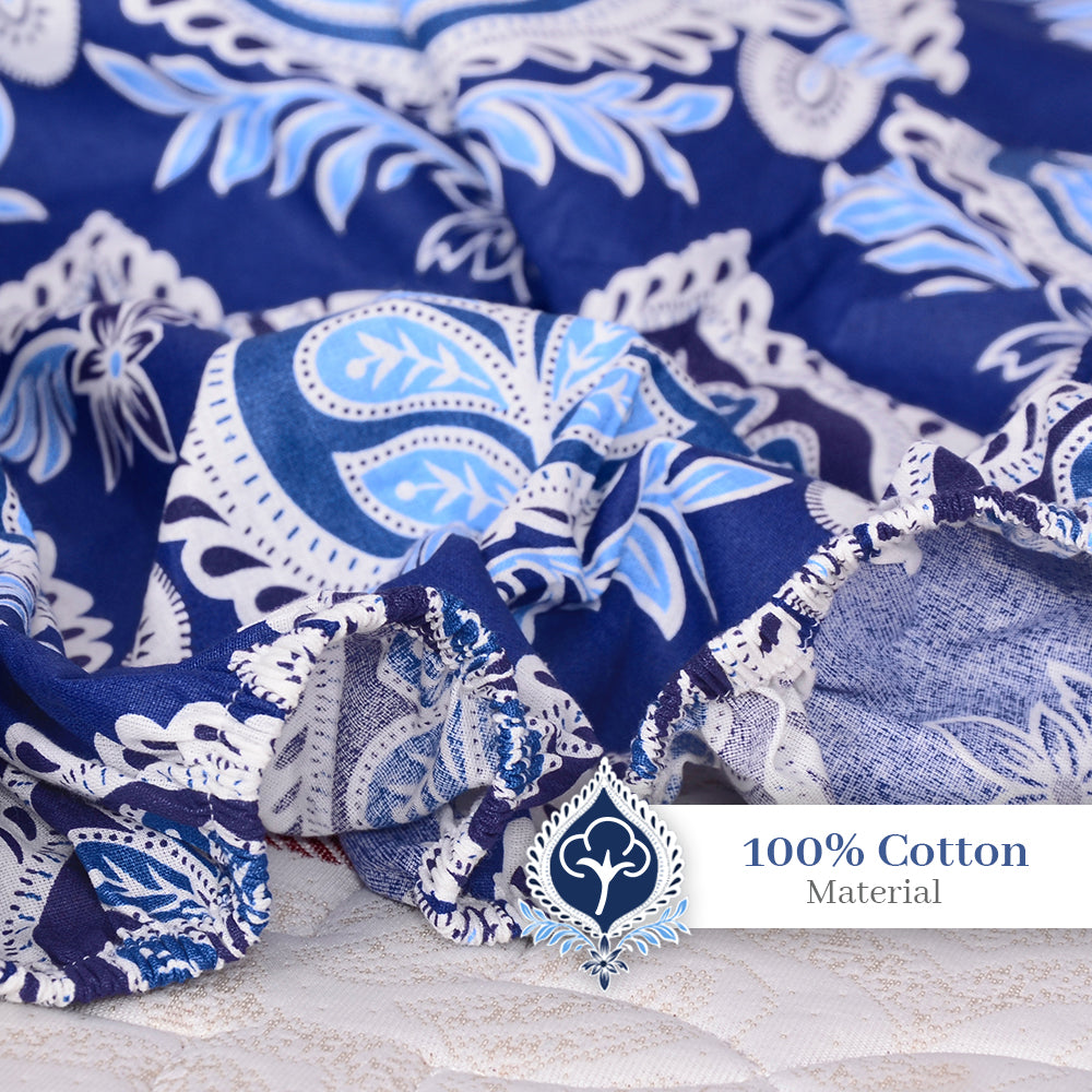 Damask Floral Dazzling Blue Elastic Fitted Single Bedsheet