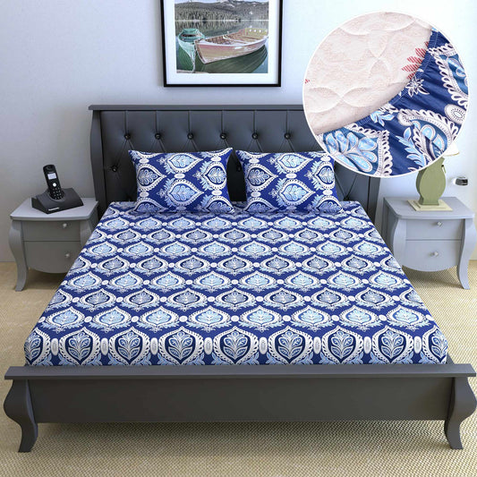 Navy Blue 144 TC 100% Cotton Floral Print Elastic Fitted Double Bed Bedsheet with 2 Pillow Covers  For Bedroom