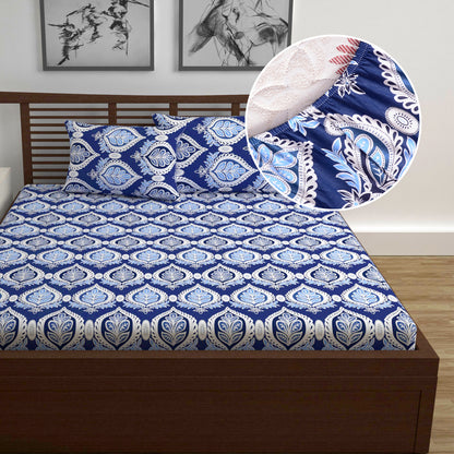 Floral Dazzling Blue Elastic Fitted Bedsheet For Double Bed