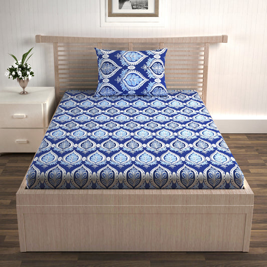 Floral Dazzling Blue Elastic Fitted Bedsheet For Single Bed