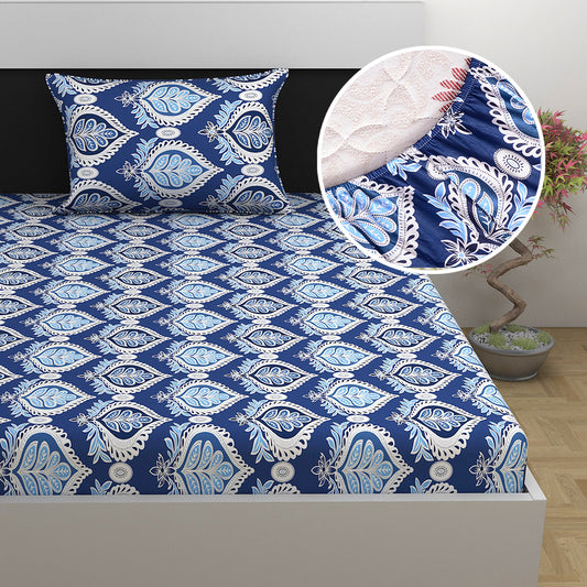 Navy Blue 144 TC 100% Cotton Floral Print Elastic Fitted Single Bed Bedsheet with 2 Pillow Covers  For Bedroom
