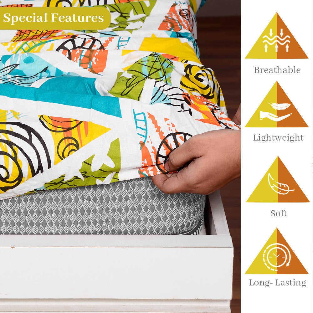 Aqua & Mustard Triangle Print Elastic Fitted Bedsheet for King Bed