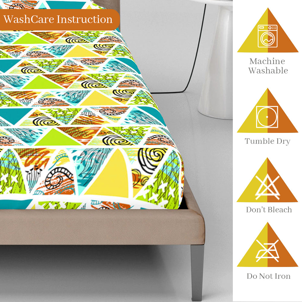 Aqua & Mustard Triangle Print Elastic Fitted Bedsheet for King Bed