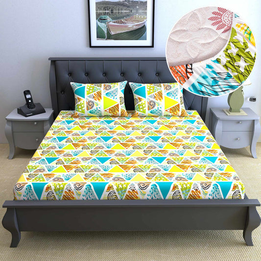Multicolors 144 TC 100% Cotton Triangle Print Elastic Fitted Double Bed Bedsheet with 2 Pillow Covers  For Bedroom