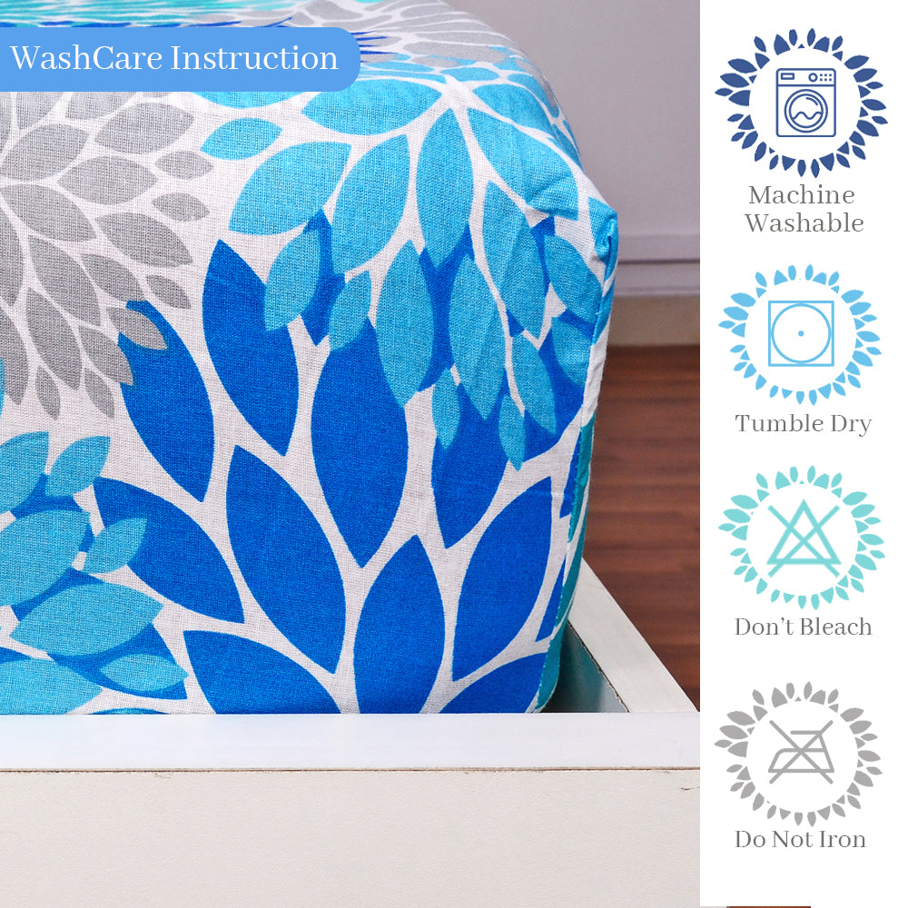 Silhouette Leaves Sky Blue and Grey Elastic Fitted Bedsheet for King Size Bed