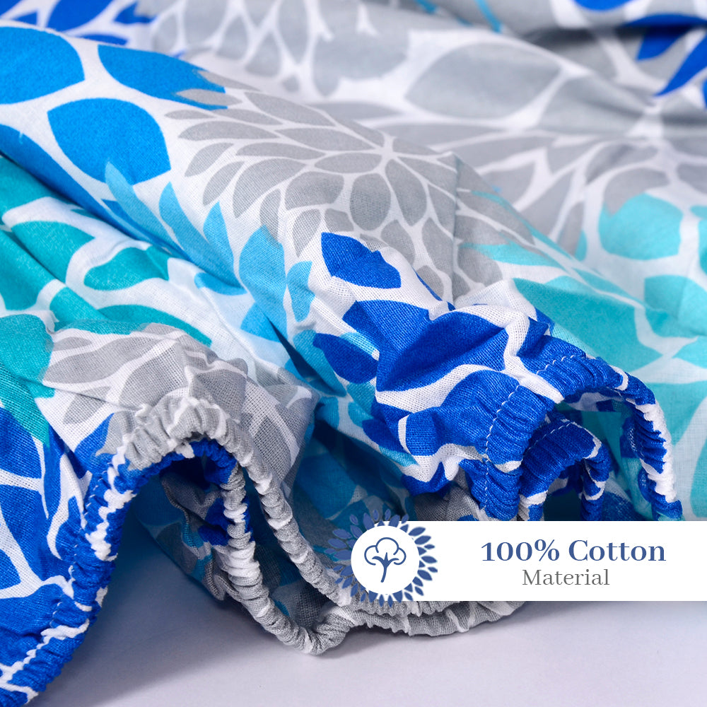 Silhouette Leaves Sky Blue and Grey Elastic Fitted Bedsheet for King Size Bed