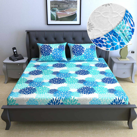 Blue 144 TC 100% Cotton Floral Print Elastic Fitted Double Bed Bedsheet with 2 Pillow Covers For Bedroom