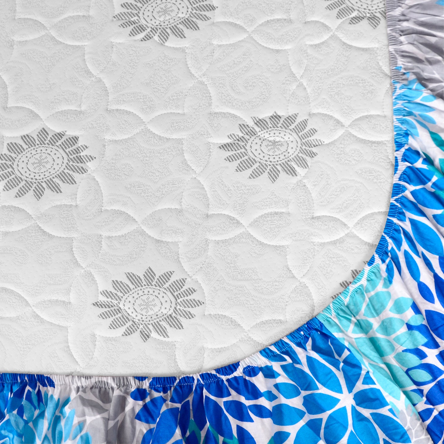 Silhouette Leaves Sky Blue and Grey Elastic Fitted Bedsheet for King Size Bed