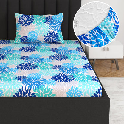 Blue and Peach Floral Print Elastic Fitted Combo Bedsheet For Single Bed