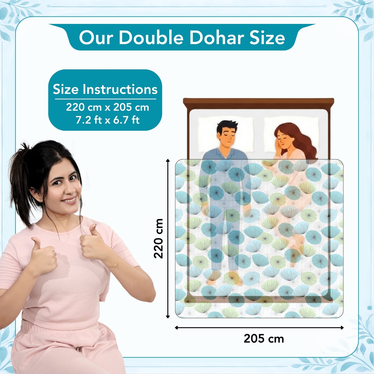 Dandelions Floral Print Blue 144 TC 100% Cotton Cozy and Comfy Dohar for Double Bed