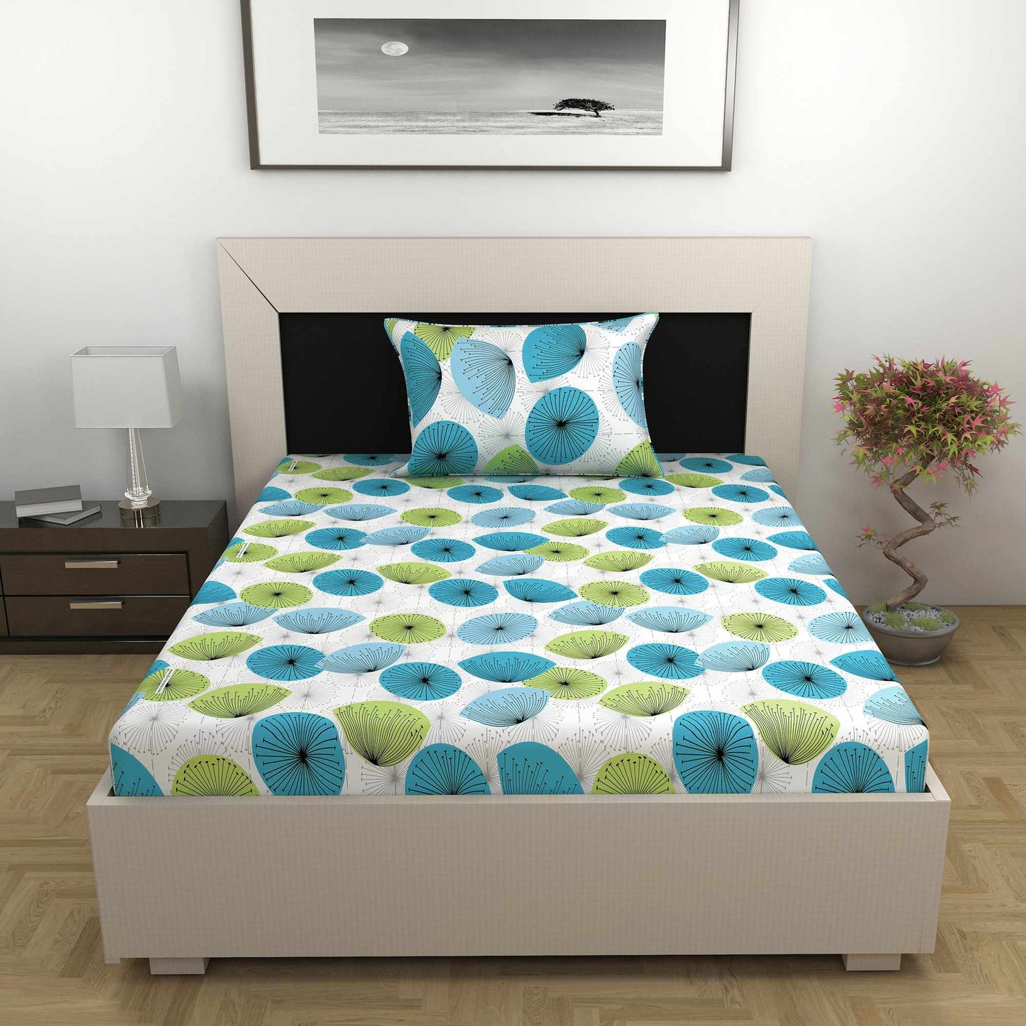 Sea Blue and Green 144 TC 100% Cotton Dandelionies Single Bedsheet with 1 Pillow Covers Bed Sheet For Bedroom