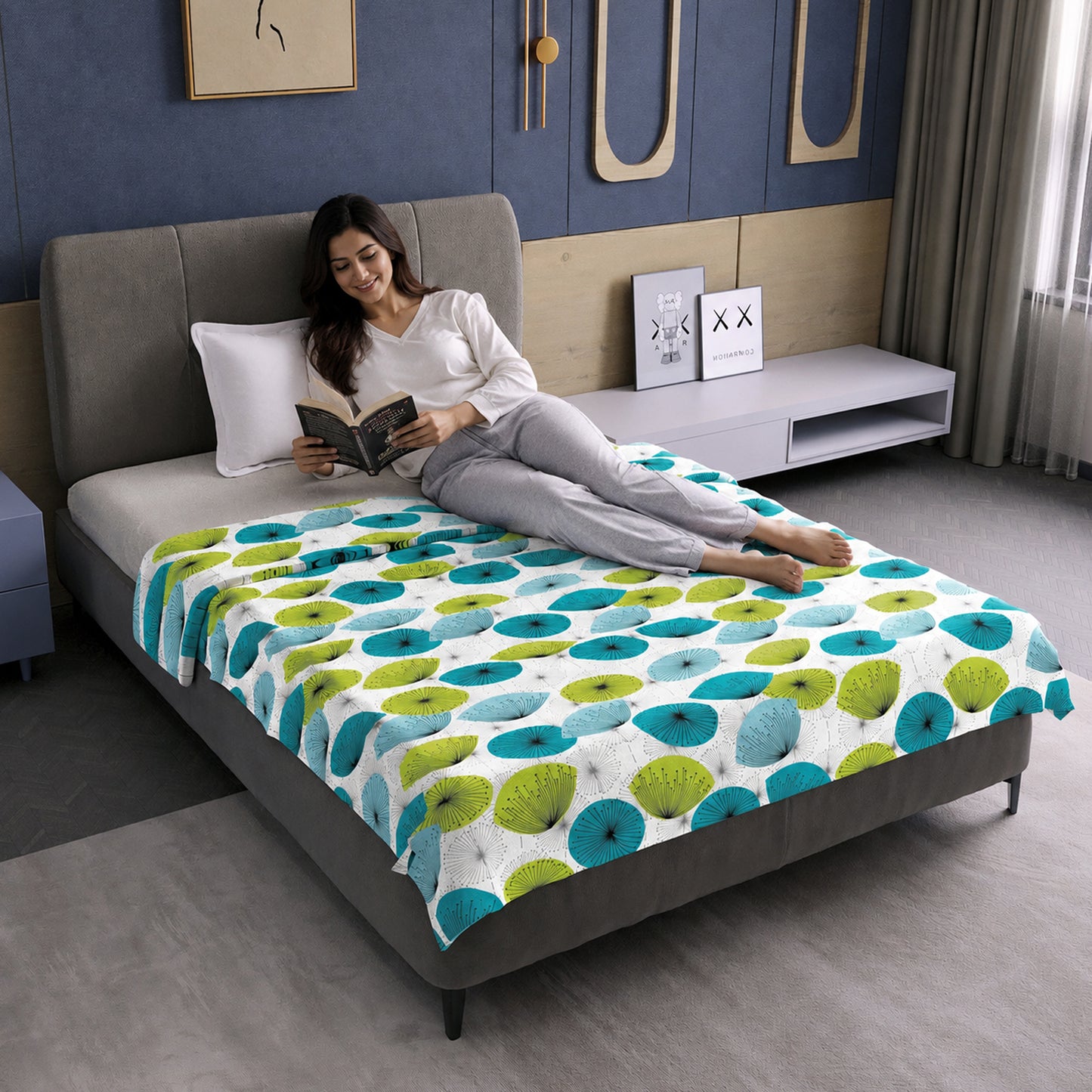 Dandelions Floral Print Blue 144 TC 100% Cotton Cozy and Comfy Dohar for Single Bed