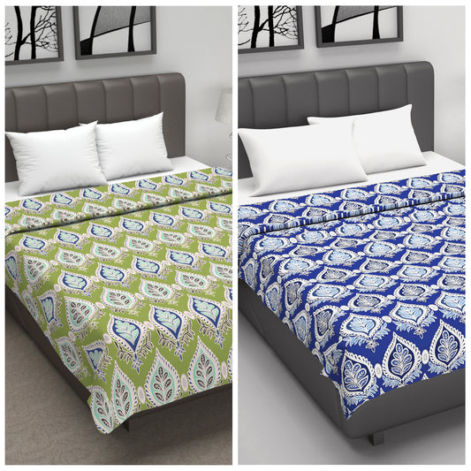 Green and Blue Floral Cotton Combo Set of 2 Dohar For Double Bed