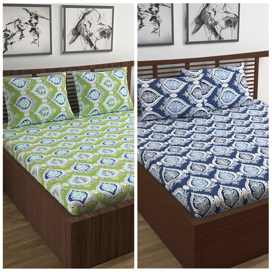 Green and Blue Damask Motif Elastic Fitted Combo Bedsheet For Double Bed