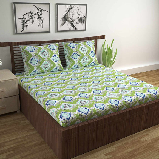 Apple Green 144 TC 100% Cotton Floral Double Bedsheet With 2 Pillow cover For Bedroom