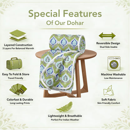 Damask Motif Green Super Soft Brushed 144 TC 100% Cotton Double Bed Dohar