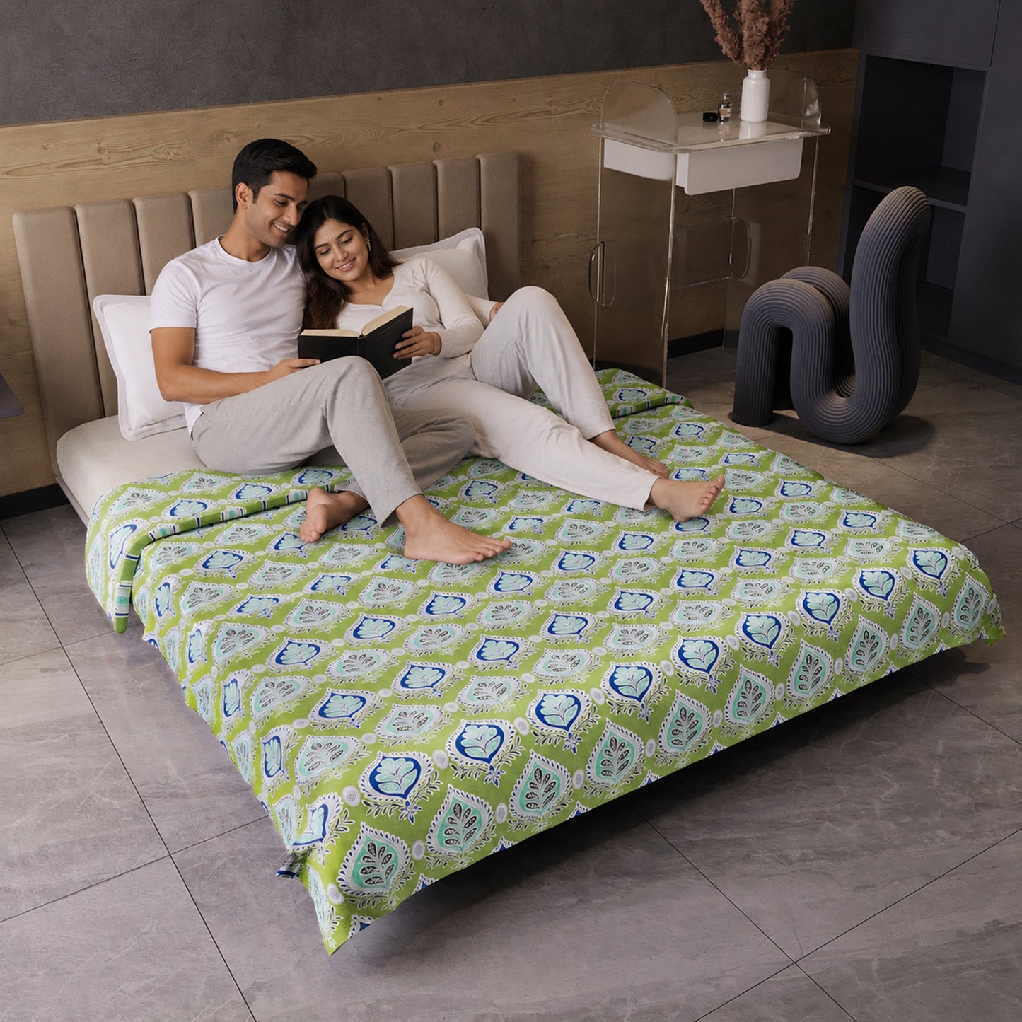 Damask Motif Green Super Soft Brushed 144 TC 100% Cotton Double Bed Dohar