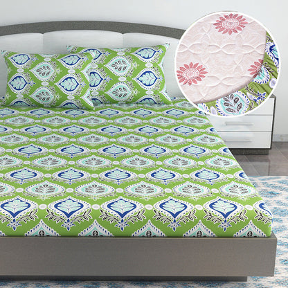 Palm Green Floral 144 TC Cotton King Fitted Bedsheet With 2 Pillowcovers