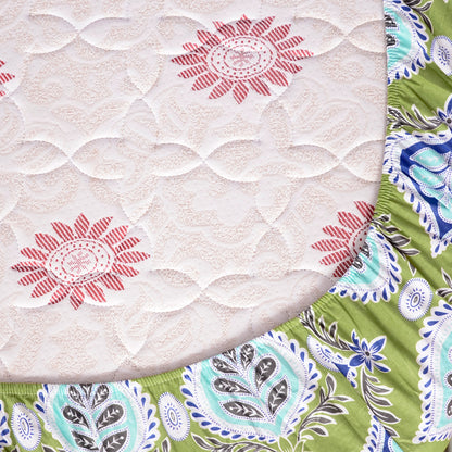 Palm Green Damask Motif Pattern 144 TC Cotton Single Fitted Bedsheet