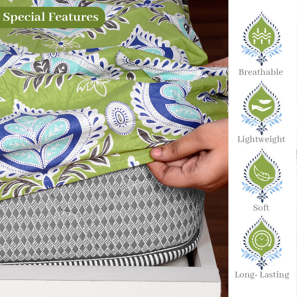 Palm Green Floral 144 TC Cotton King Fitted Bedsheet With 2 Pillowcovers