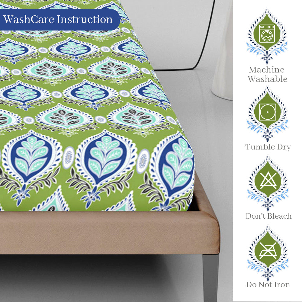 Palm Green Floral 144 TC Cotton King Fitted Bedsheet With 2 Pillowcovers