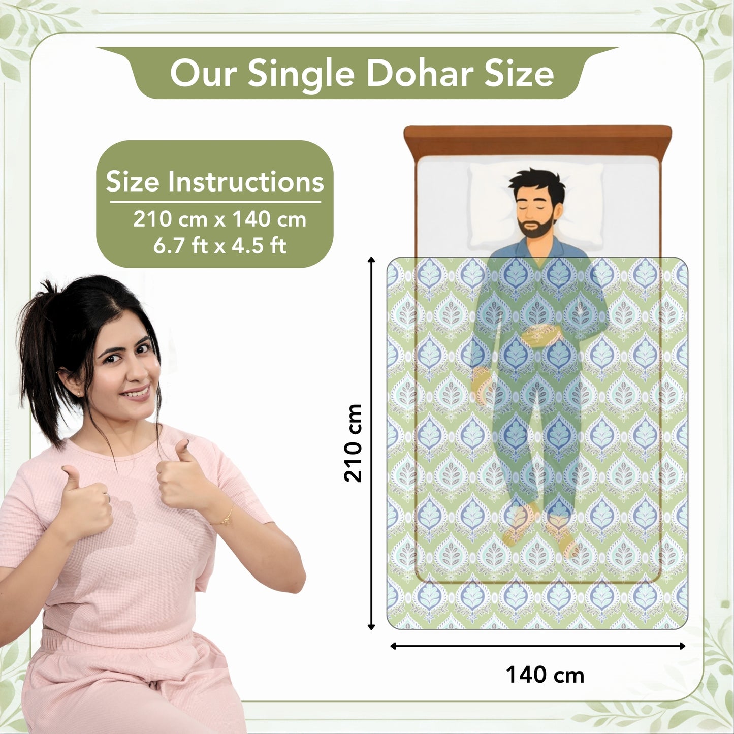 Damask Motif Green Super Soft Brushed 144 TC 100% Cotton Single Bed Dohar