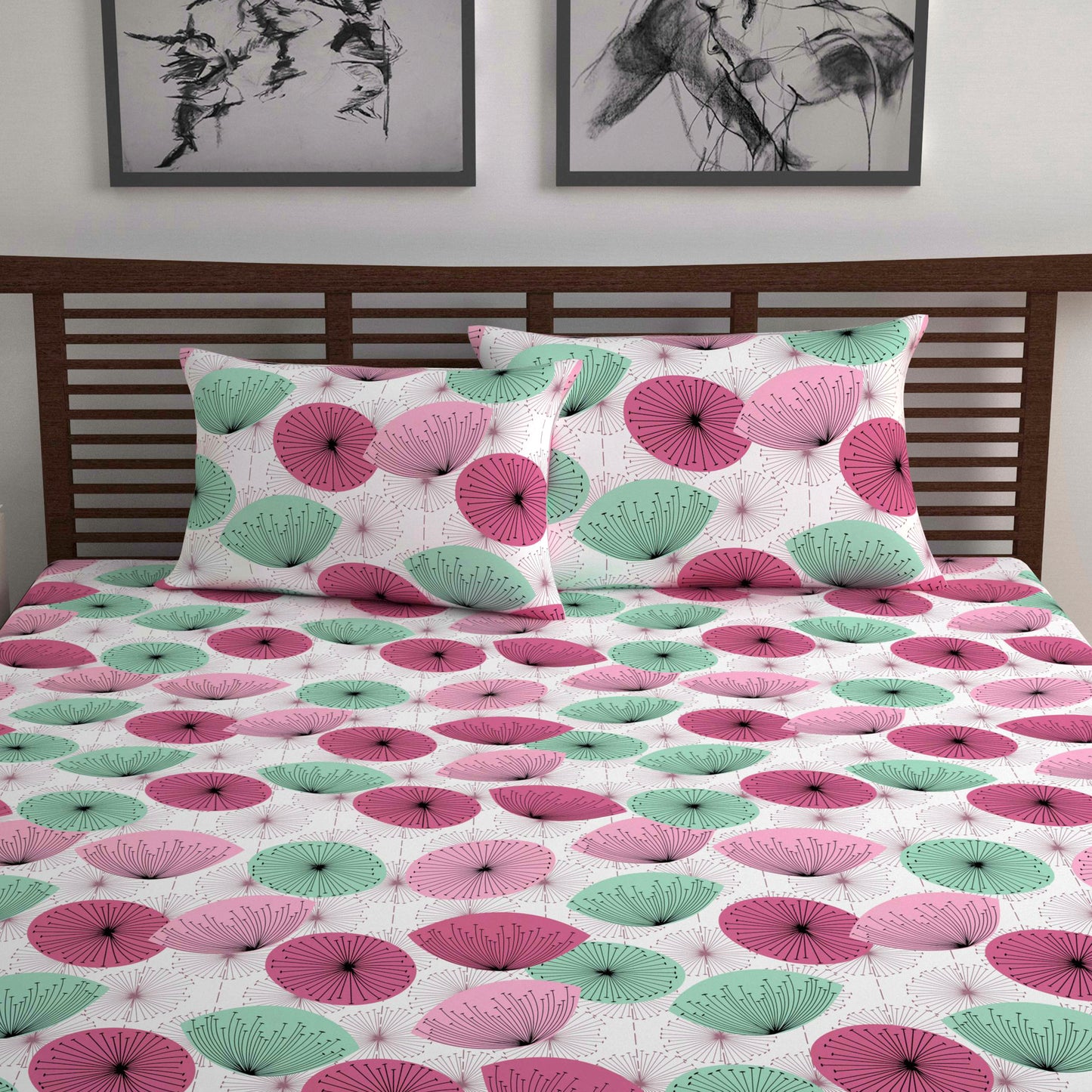 Dandelions Floral Print Pink Cotton Bedsheet For Double Bed