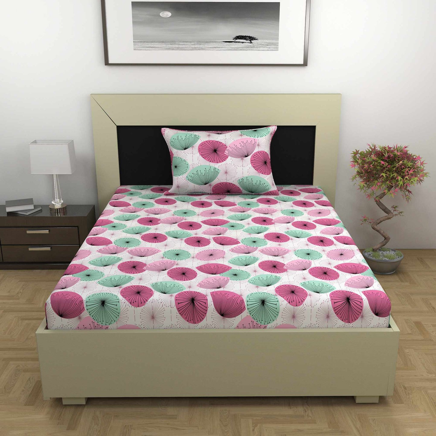 Rose Pink 144 TC 100% Cotton Floral Single Bed Bedsheet with 1 Pillow Covers Bed Sheet For Bedroom