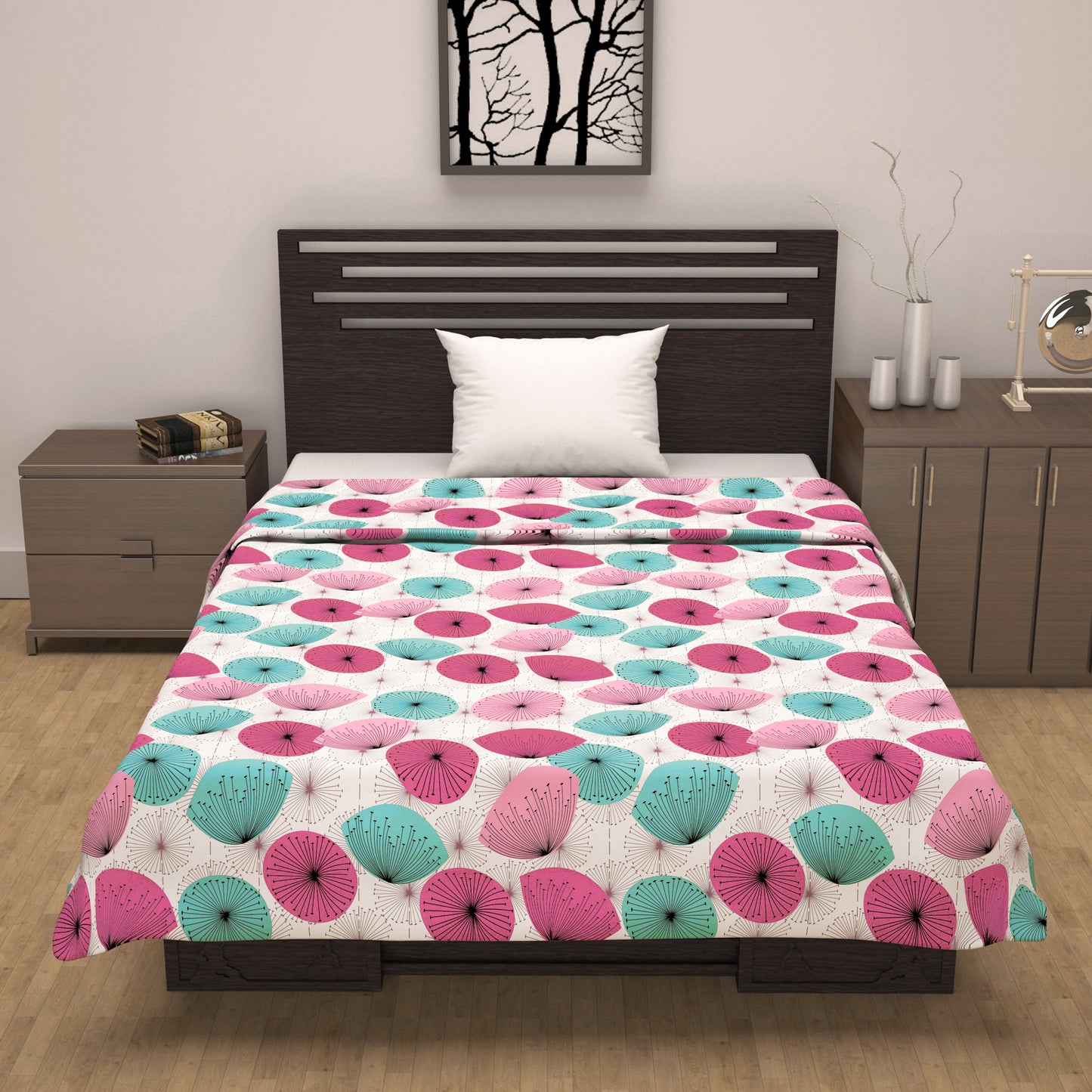 Dandelions Floral Print Pink 144 TC 100% Cotton Cozy and Comfy Dohar for Single Bed