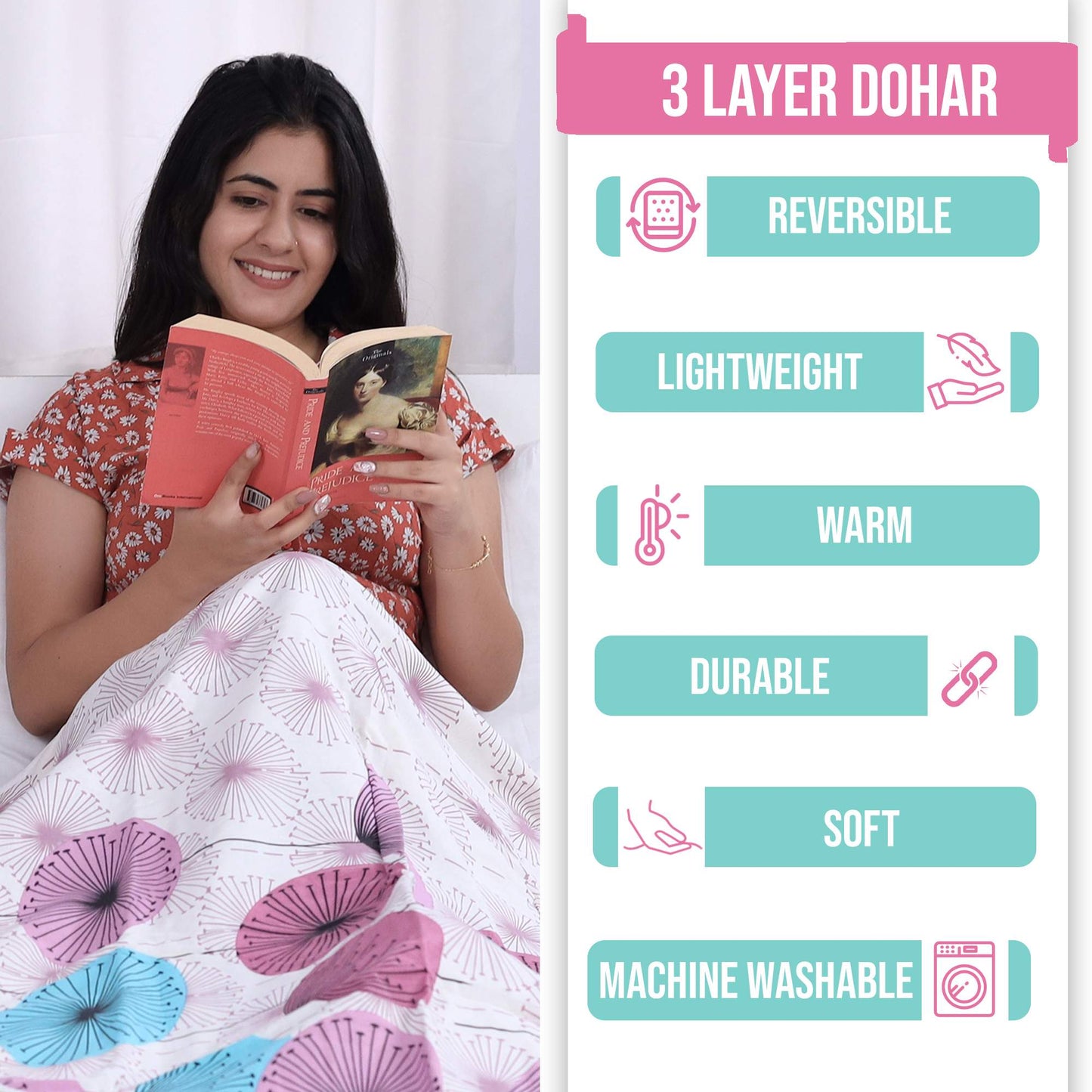 Dandelions Floral Print Pink 144 TC 100% Cotton Cozy and Comfy Dohar for Single Bed