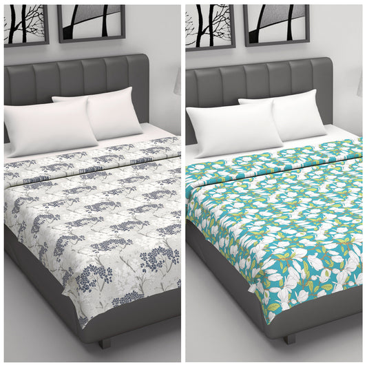 Grey and Green Floral Cotton Combo Set of 2 Dohar For Double Bed