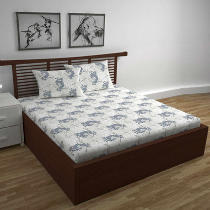 White And Grey  144 TC 100% Cotton Tree Pattern Double Bed Bedsheet with 2 Pillow Covers Bed Sheet For Bedroom