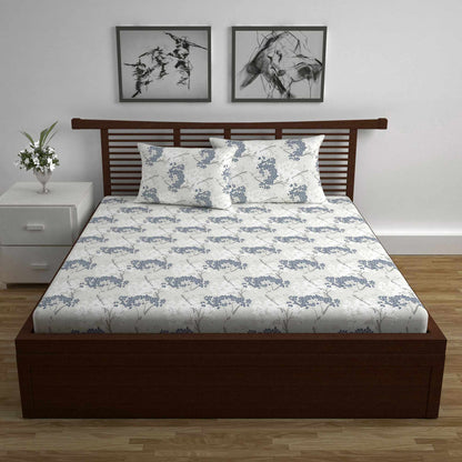 White And Grey  144 TC 100% Cotton Tree Pattern Double Bed Bedsheet with 2 Pillow Covers Bed Sheet For Bedroom