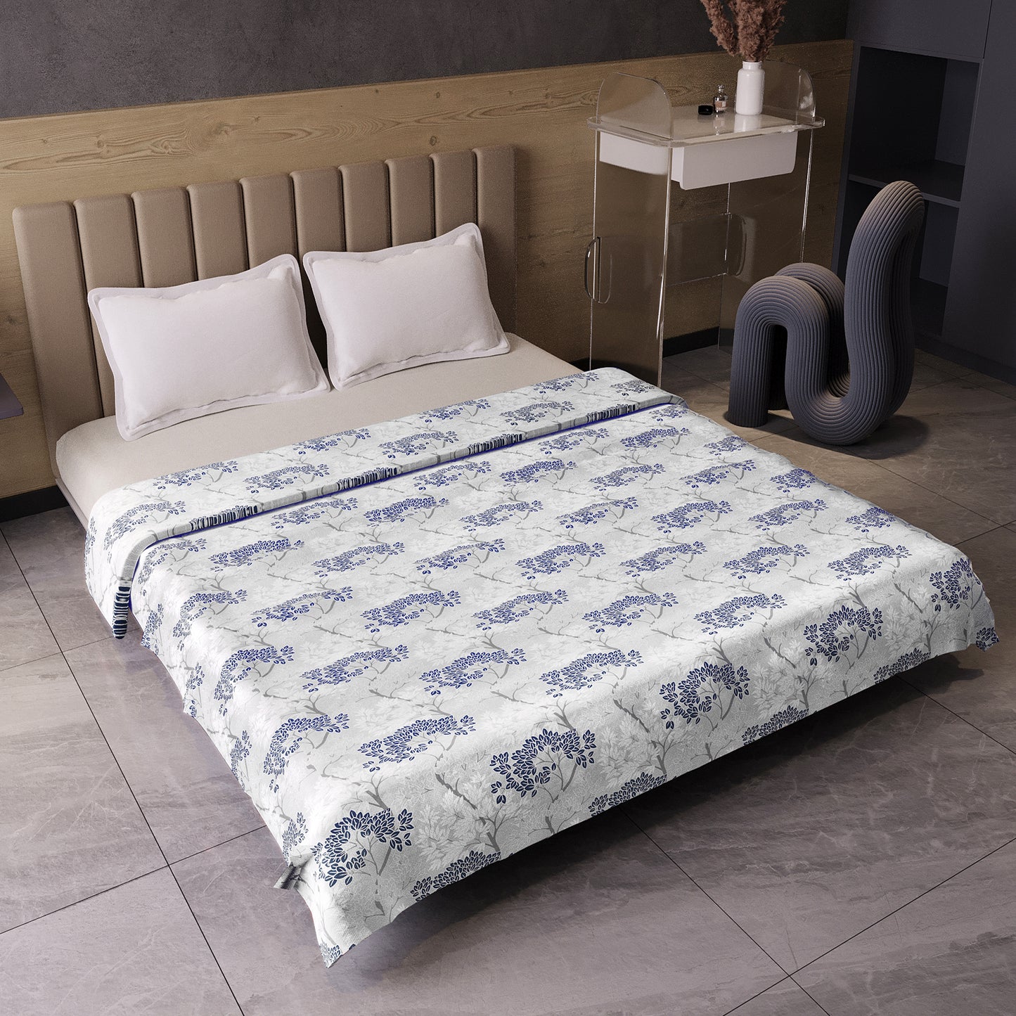 Grey Blue Autumn Tree Leaf 144 TC 100% Cotton Double Bed Dohar