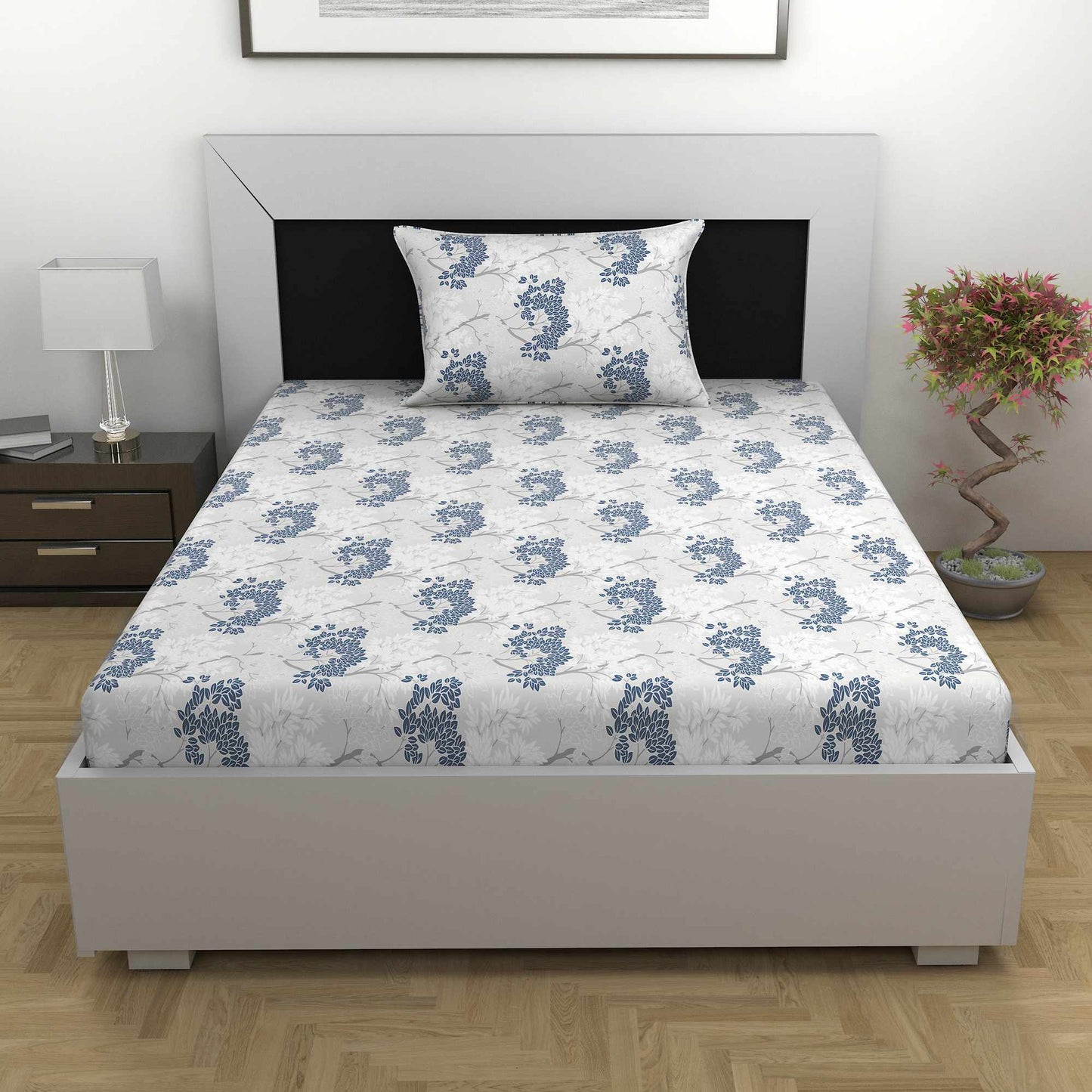 White And Grey  144 TC 100% Cotton Tree Pattern Single Bed Bedsheet with 1 Pillow Covers Bed Sheet For Bedroom