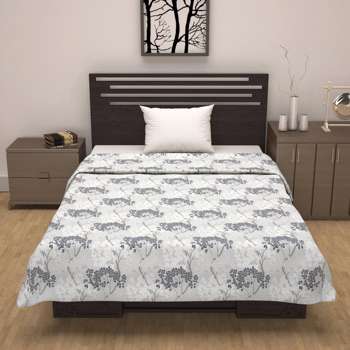 Grey Autumn Tree Leaf 144 TC 100% Cotton Skin Friendly AC Single Bed Dohar