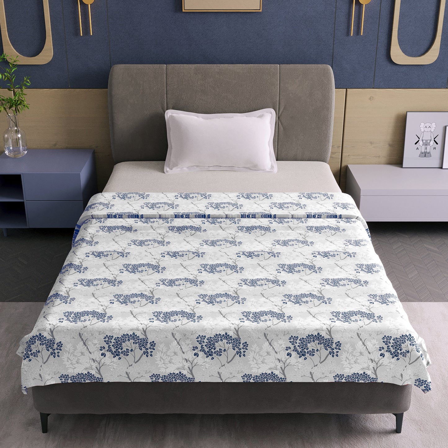 Grey Blue Autumn Tree Leaf 144 TC 100% Cotton Single Bed Dohar