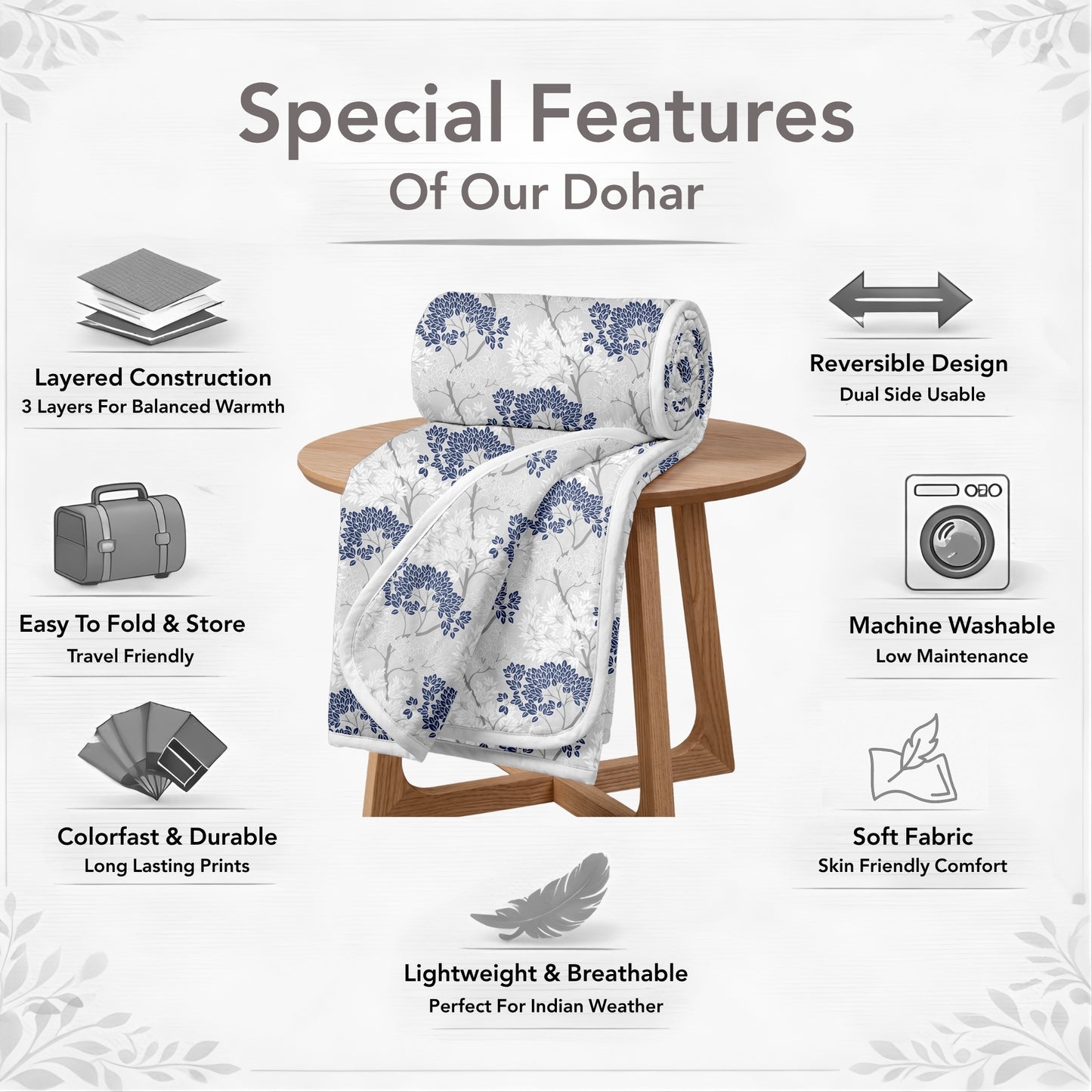 Grey Blue Autumn Tree Leaf 144 TC 100% Cotton Single Bed Dohar