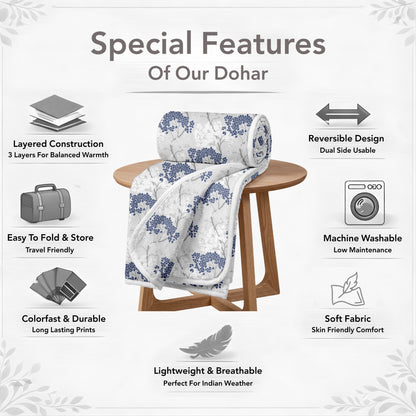 Grey Blue Autumn Tree Leaf 144 TC 100% Cotton Single Bed Dohar