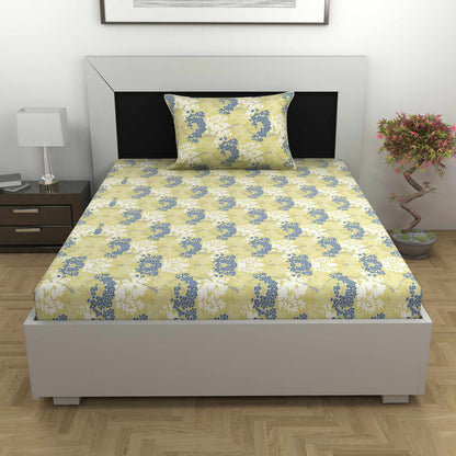 Cream And Grey  144 TC 100% Cotton Tree Pattern Single Bed Bedsheet with 1 Pillow Covers Bed Sheet For Bedroom