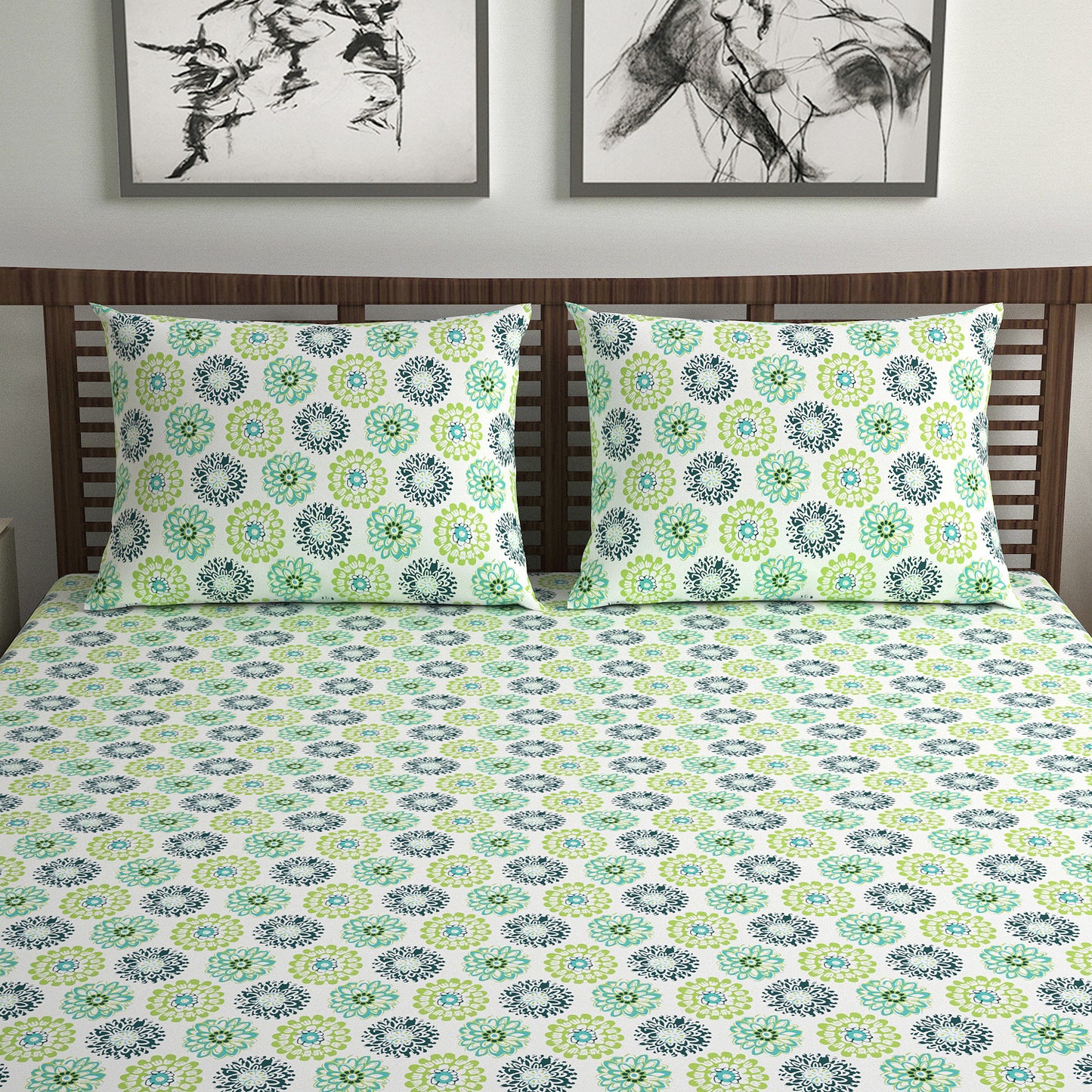 Green Dahlia Floral Printed Bedsheet For Double Bed