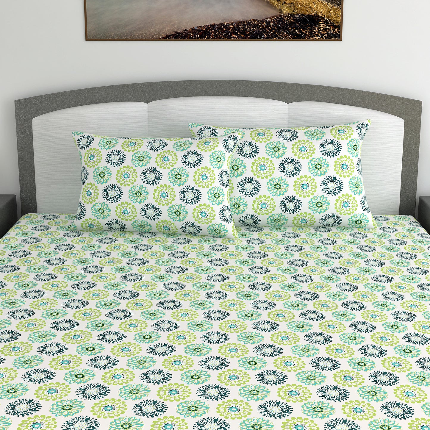 Green Dahlia Floral Printed Bedsheet For King Size Bed