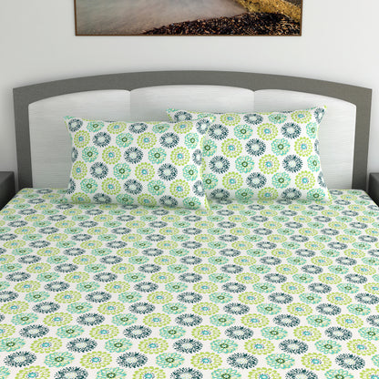 Green Dahlia Floral Printed Bedsheet For King Size Bed